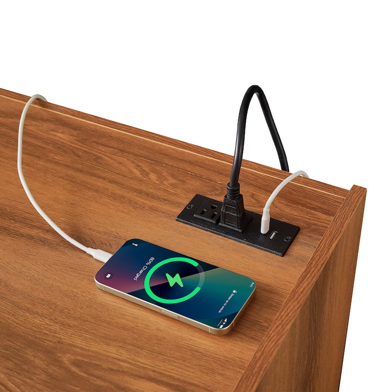 Roomfitters Modern TV Stand with 4 Drawers, Tempered Glass, Charging Ports and Ambient Lighting, Ample Storage