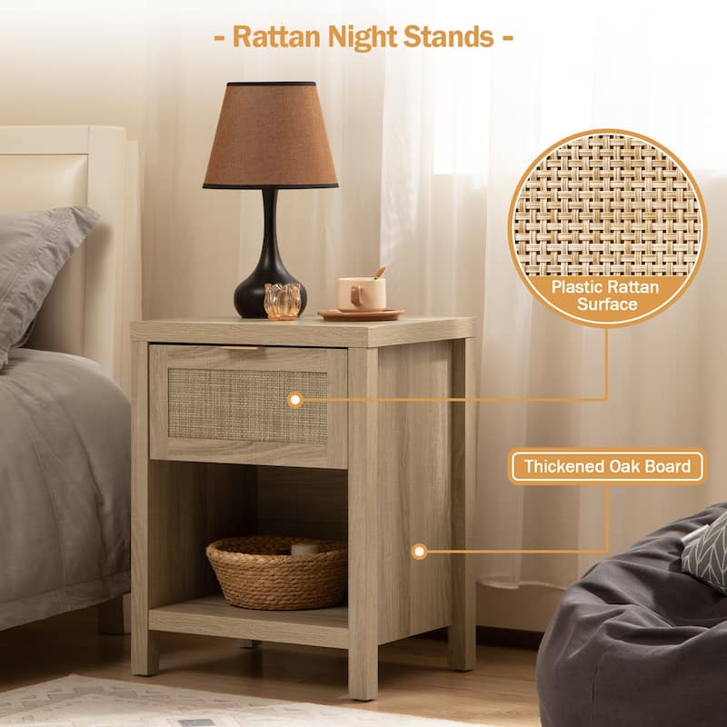 SICOTAS Farmhouse Rattan Nightstand with Drawer and Storage Shelf