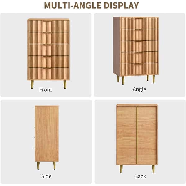 dimension image slide 11 of 15, Modern Natural Wood Color Fluted Dresser, Wooden Chest with Gold Metal Handles & Legs