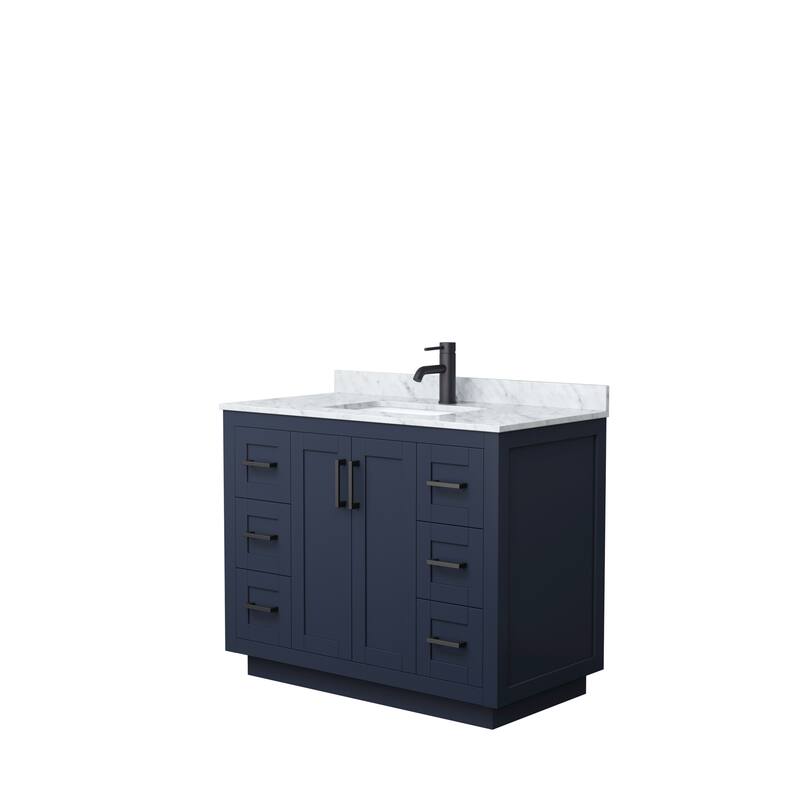 Miranda Single Vanity Set, White Carrara Marble Top, No Mirror - 42-Inch Single - Dark Blue, Black Trim, White Carrara Marble Top