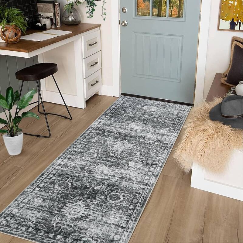 Vintage Boho Washbale Floor Cover Area Rug for Bedroom, Living Room, Black + Grey - 1'6" x 2'6"