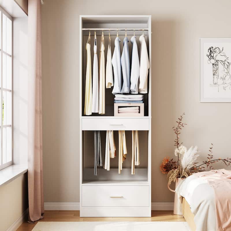 Qvella 23.6'' W Closet System with Hanging Rods and Wooden Drawers, Modular Walk-In Closet Organizer with Pants Rack - White - Set of 1(23.6'' W)