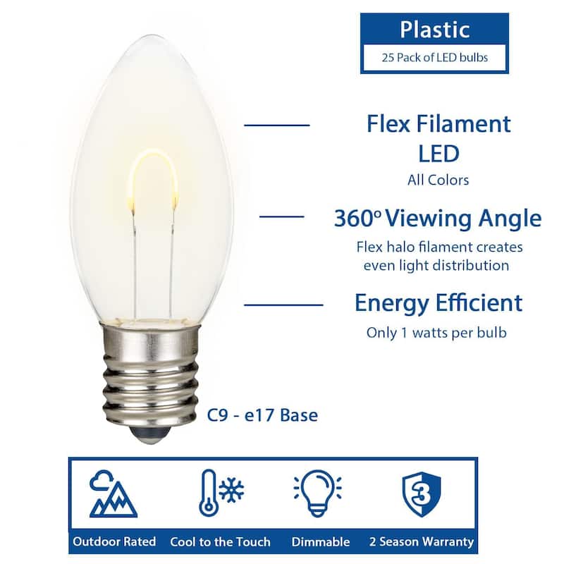 25 Pack C9 LED Outdoor Christmas Replacement Bulbs, Warm White, C9/E17 Base