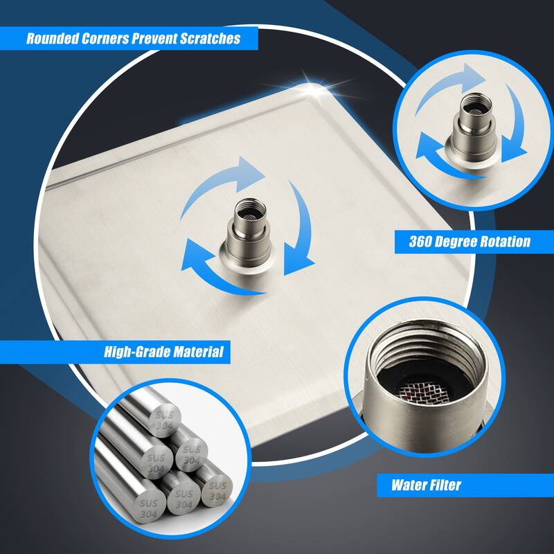 12" Square High Pressure Rain Shower Head,304 Stainless Steel Rain Shower Head