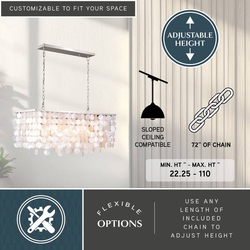 Elsa Satin Nickel Coastal Capiz Shell Rectangular Island Light Pendant Chandelier - 36-in W x 18.25-in H x 15-in D