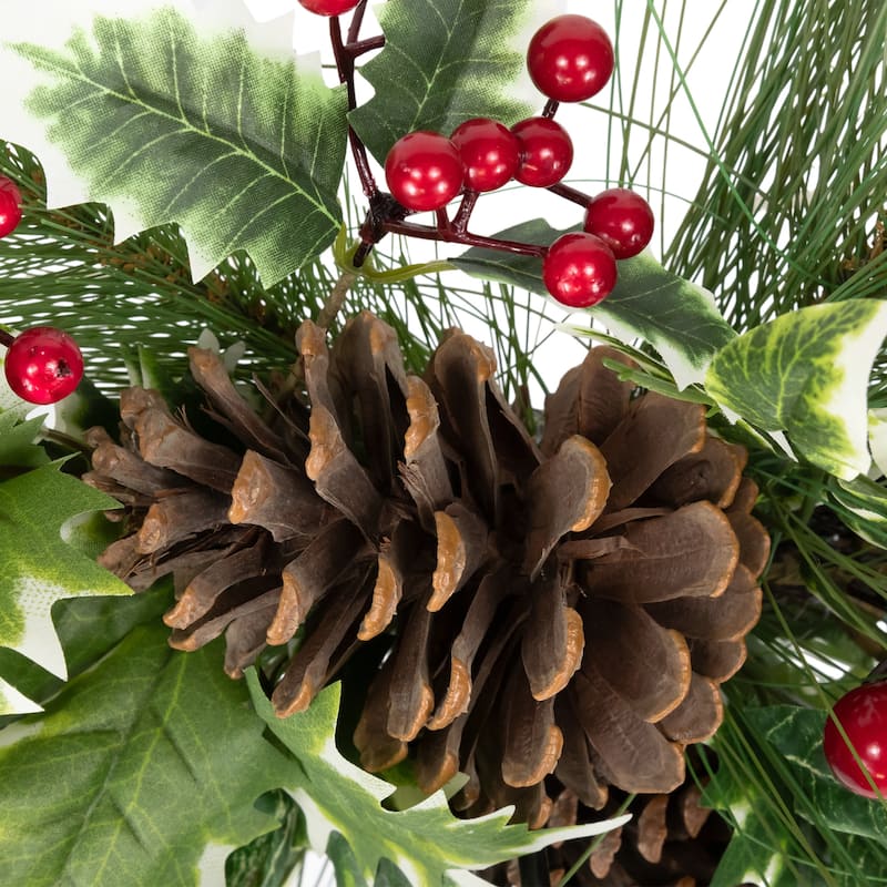 Holly and Berries Christmas Pillar Candle Holder with Pine Cones - 28"
