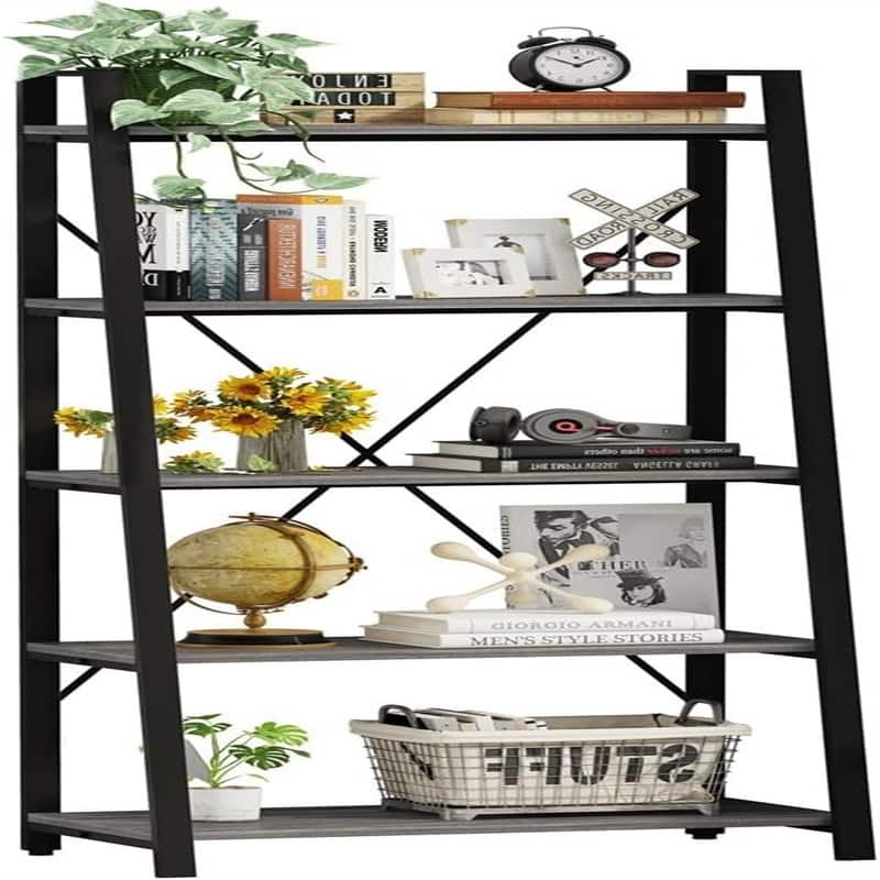 5 Tier Ladder Shelf - 14.17"D x 27.56"W x 65.55"H - Dark Grey Oak