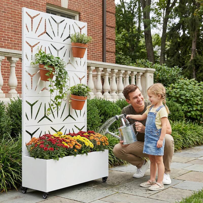 Metal Galvanized Planter Box with Trellis Privacy Screen Lockable Wheels