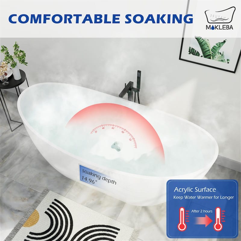Mokleba 67" Freestanding Acrylic Bathtub Modern Stand Soaking Tub with Overflow & Polished Chrome Pop-up Drain