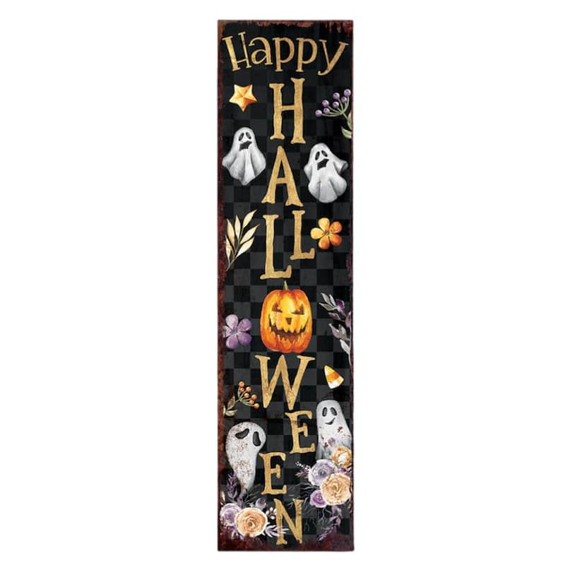 HomeRoots 36" Black Gold Orange And Purple Solid Wood Happy Halloween Ghost Porch Sign