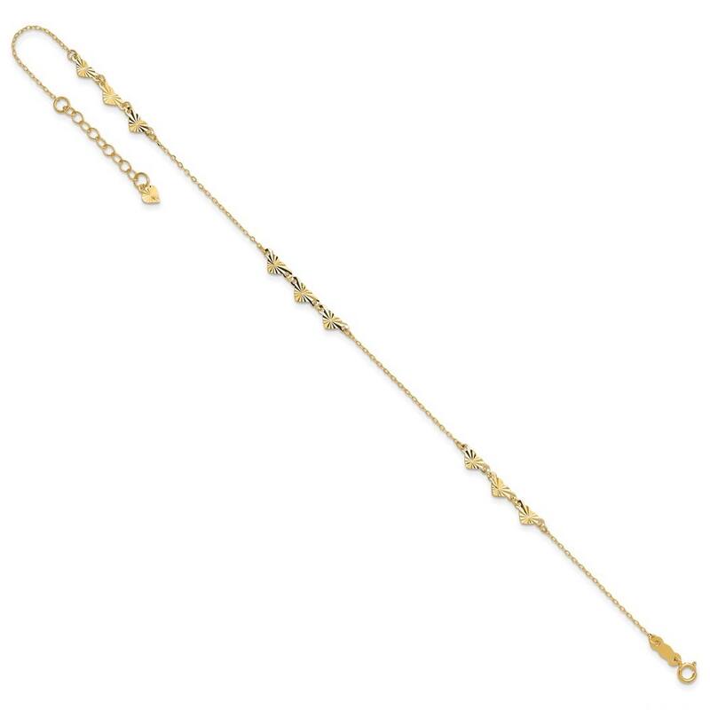 Curata 14k Yellow Gold 9+1" Diamond-cut Triple Heart Station Anklet (Spring-ring)
