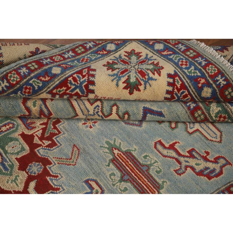 Light Blue Geometric Kazak Area Rug Handmade Wool Carpet - 4'11" x 6'10"