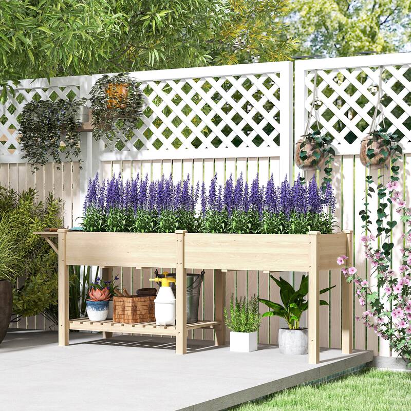 Fir Wood Raised Garden Bed with Bottom Shelf and Moisture-Retaining Liners Foldable Side Table - 81.5" W x 23.2" D x 30.7" H