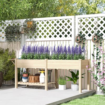 Outsunny Raised Garden Bed, Wood Elevated Planter Box with Side Table and Bottom Shelf, Outdoor Raised Planter