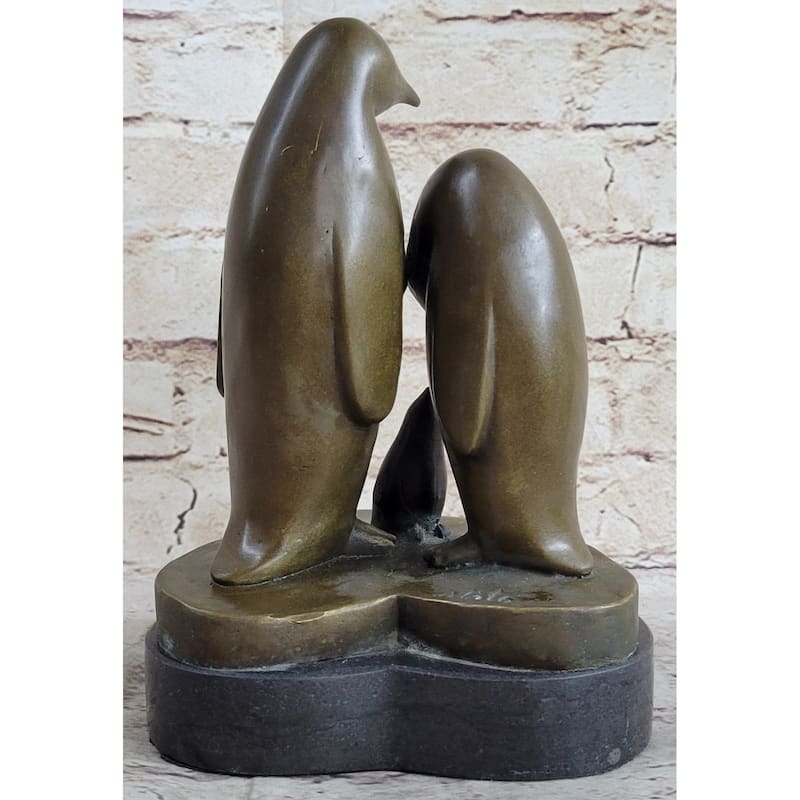 Penguin Family On Heart Shaped Marble Base Bronze Statue Figure Sculpture 8 Inches X 6 Inches