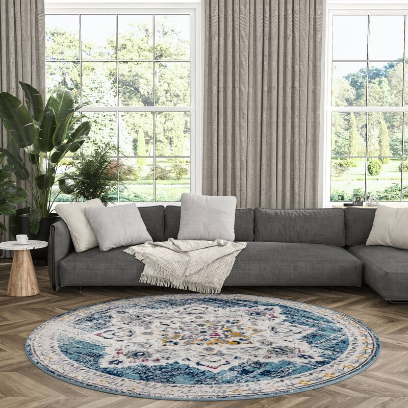 Gematria French Country Medallion Indoor Area Rug - 7'10'' Round - Blue/Cream