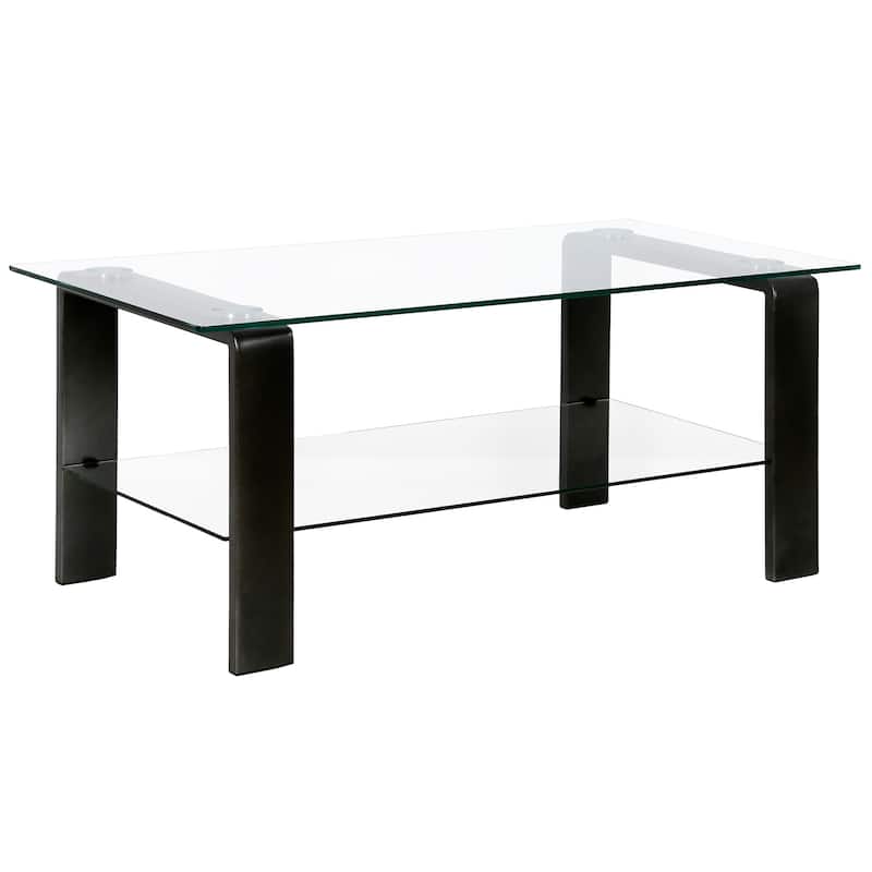 40" Glass Steel Coffee Table with Shelf for Living Room and Office - 40” x 20” x 17” - Black-Clear