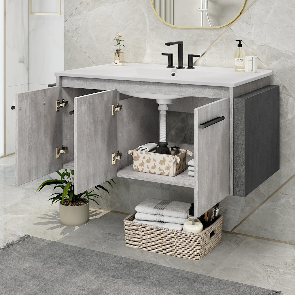 38" Wall-Mounted Modern Bathroom Vanity With Sink Combo and Double Doors Cabinet