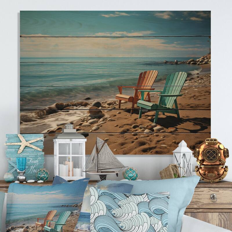Designart "Teal And Orange Beach Chairs" Nautical & Beach Print on Natural Pine Wood