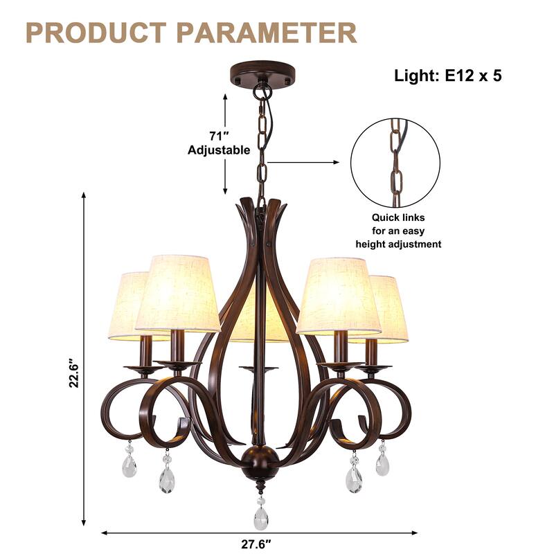 Bella Depot Bella Depot 28" 5-Light Brown Traditional Candle-Style Chandelier Adjustable Pendant Light