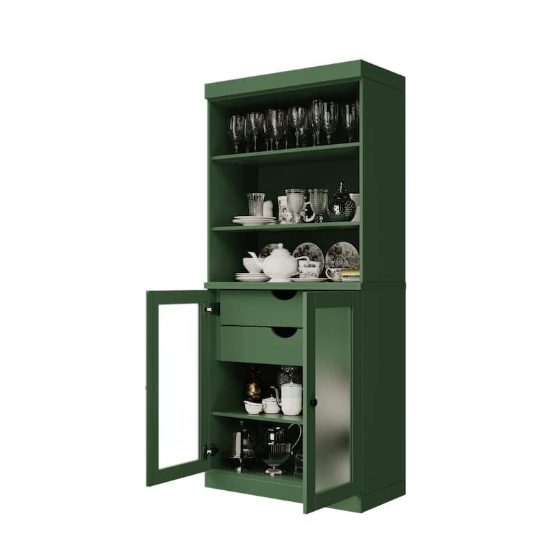Palace Imports 100% Solid Wood Pantry Cabinet with Frosted Glass Doors, 2-Drawers and Adjustable Shelves - 32" x 71.5" - Green