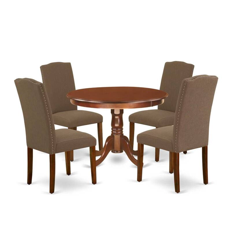 Round Dinette Set 5Pc - 42 Inch Table & 4 Chairs - Linen Fabric - Dark Coffee Finish