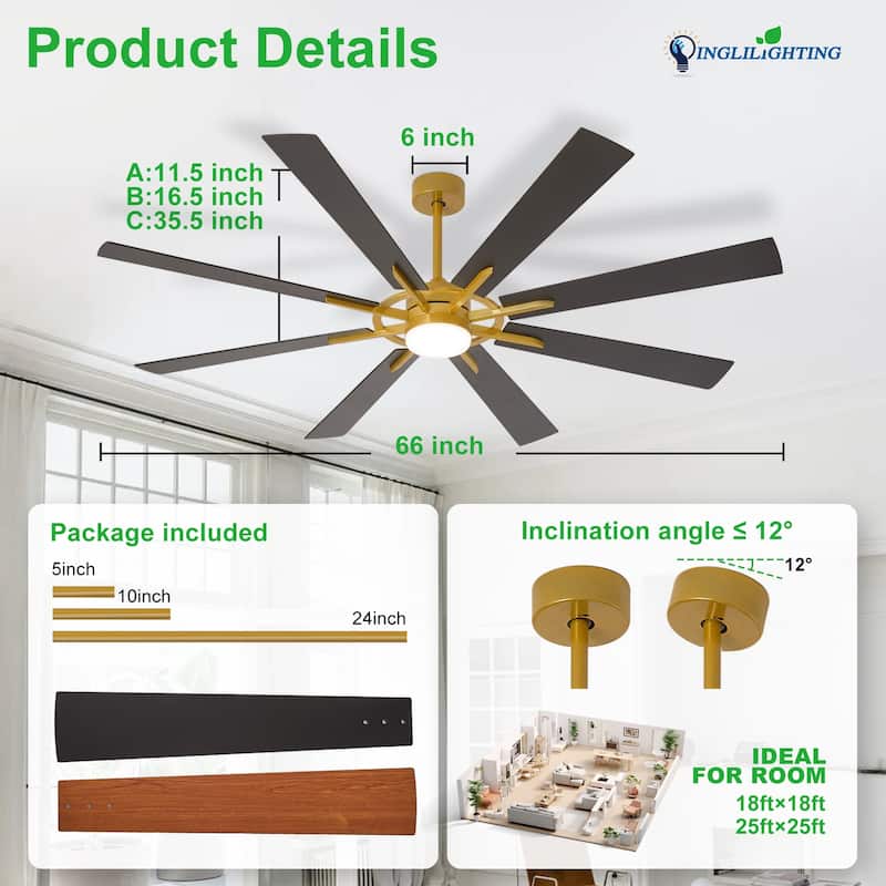 Modern 72 Inch 8 Blade Outdoor large Ceiling Fans with Lights: Dimmable Indoor Reversible 6 Speed Quiet DC Motor