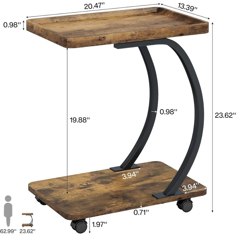 Industrial 2-Tier C-Shaped End Table with Wheels, Wood Small Side Table with Metal Frame, for Living Room Small Spaces