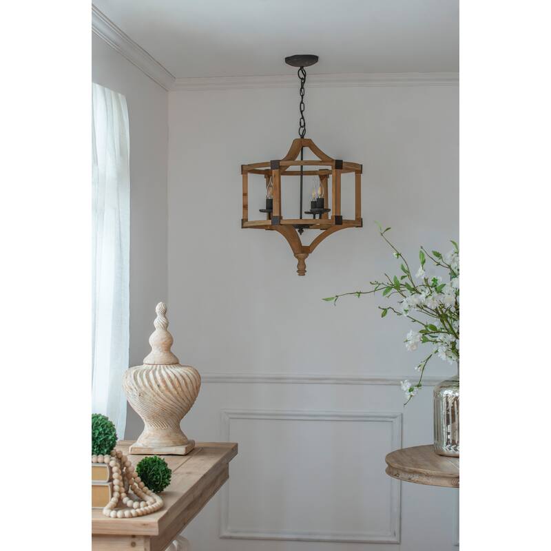 3 - Light Wood Drum Chandelier, Hanging Light Fixture with Adjustable Chain for Foyer Entryway, Bulb Not Included