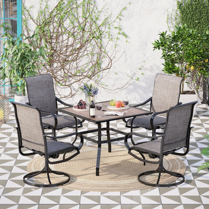 MAISON ARTS 5 Pieces Patio Dining Set, 4 Sling Dining Swivel Chairs and 37" Square Metal Table with Wood-Like Top - Black