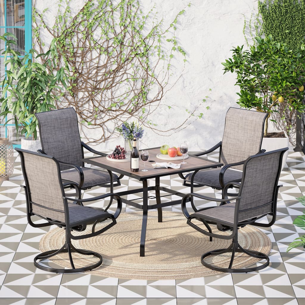 MAISON ARTS 5 Pieces Patio Dining Set, 4 Sling Dining Swivel Chairs and 37" Square Metal Table with Wood-Like Top
