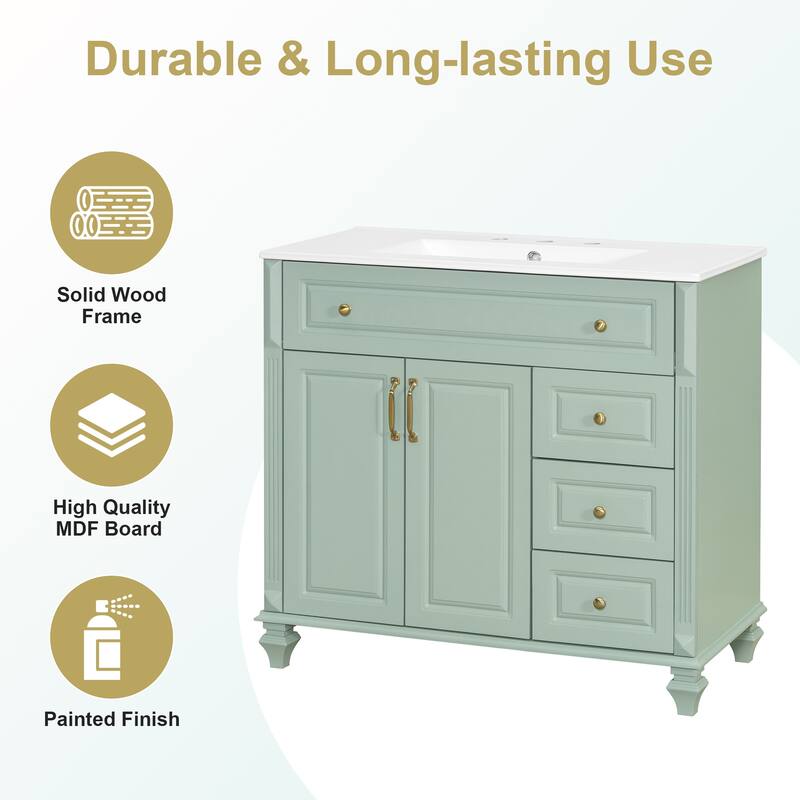 Roomfitters 36" Bathroom Vanity with Sink, Solid Wood Frame, Flip Drawer, 3 Drawers & 2 Doors