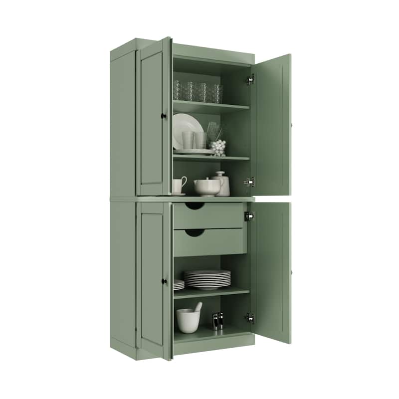 Solid Wood Tall Freestanding Kitchen Pantry Cabinet with Doors & 2 Drawers, Adjustable Shelves, Modular Storage, 32" W x 71.5" H