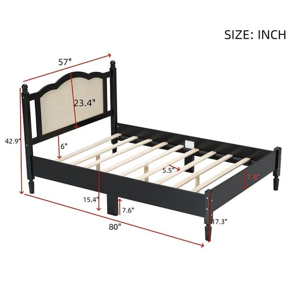 dimension image slide 0 of 2, Vintage Bed Frame with Wooden Slat Support, Walnut Platform Bed