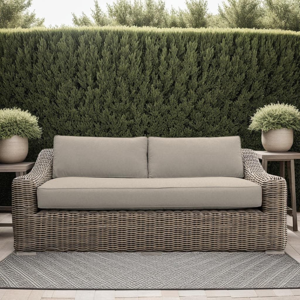 Verano Brown Wicker and Acacia Wood Deep Seating 81" Outdoor Sofa with Cushions