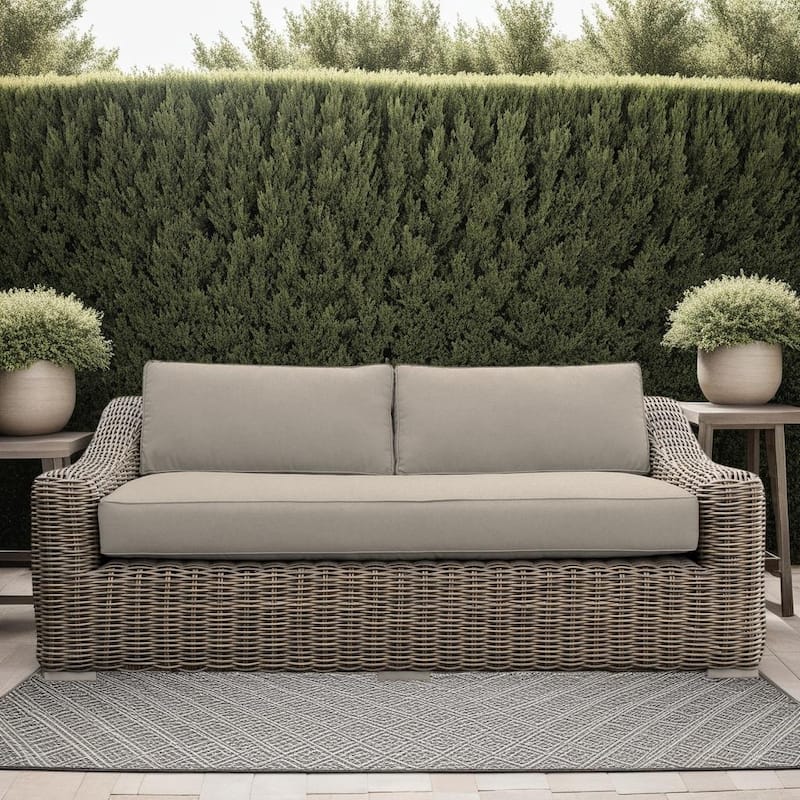 Verano Brown Wicker and Acacia Wood Deep Seating 81" Outdoor Sofa with Cushions - Taupe