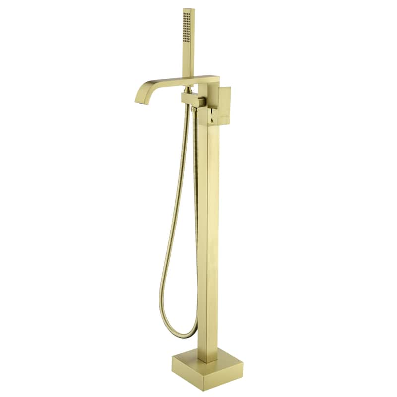 Freestanding Floor Mount Single Handle Bath Tub Filler Faucet with Handheld Shower - Gold