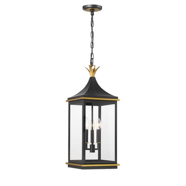 slide 2 of 5, Simpson 3 Light Matte Black + Textured Gold Outdoor Pendant - 25