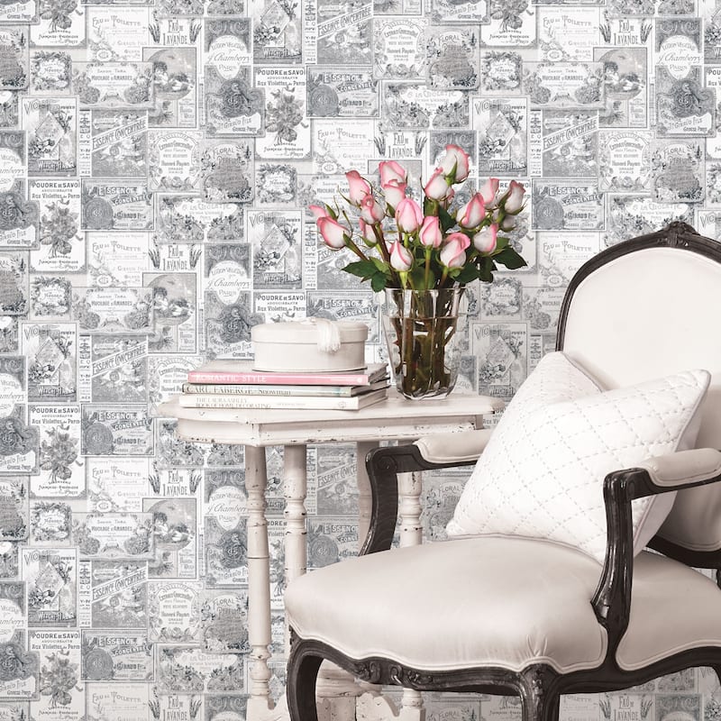 Galerie Wallcoverings Nostalgie Collection Perfume Labels Non-woven Matte Wallpaper Roll - 33 feet x 21 inches - Black