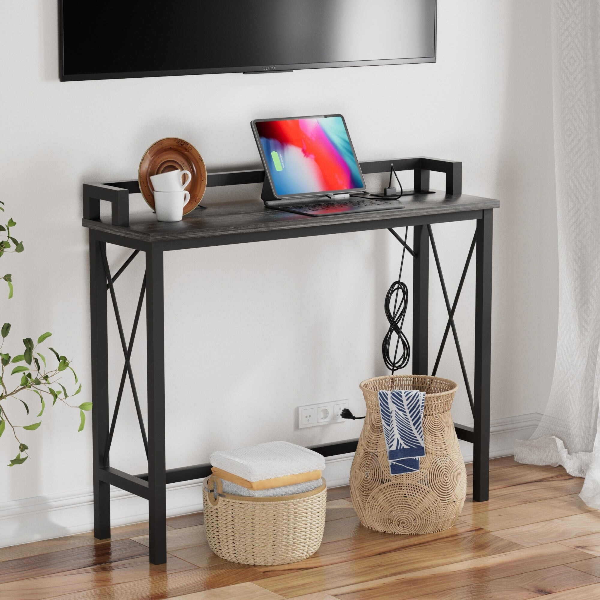Javlergo Extra Long Console Sofa Table with Charging Station Power Outlet Charcoal Grey