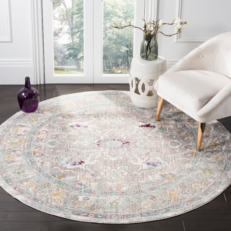 SAFAVIEH Mystique Audrey Oriental Polyester Medallion Rug - 6'7" Round - Grey/Multi