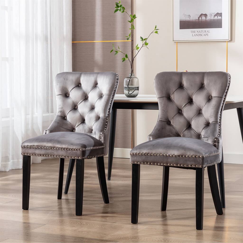 2PCS Dining Chairs Tufted High Back Velvet Upholstered Nailhead Grey