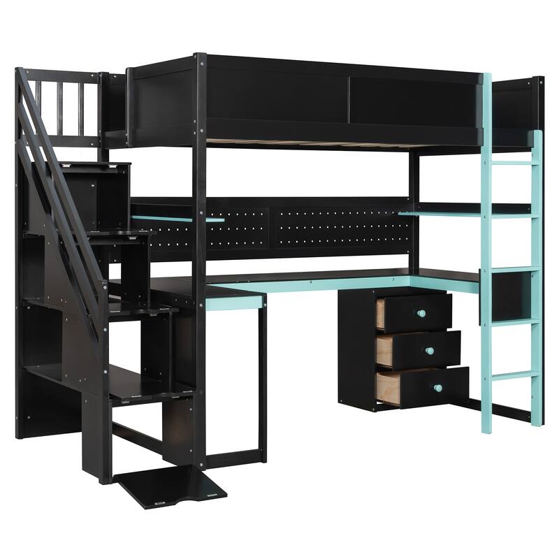 Gaming Loft Bed with Desk - Full/Twin, Includes Storage Stairs, Shelves & Pegboard