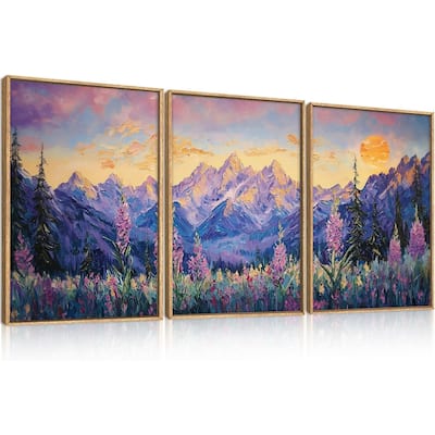 Purple Sunset Mountain Landscape Framed Canvas Wall Art Set