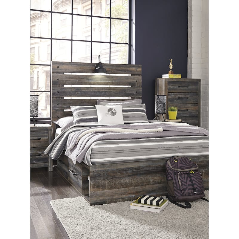 Drystan Rustic Brown Panel Bed with 2 Under Bed Storage Drawers