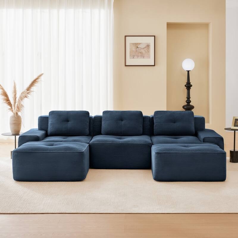 117.3" Minimalist Corduroy Modular Sectional Sofa with Ottomans for Living Room - Blue