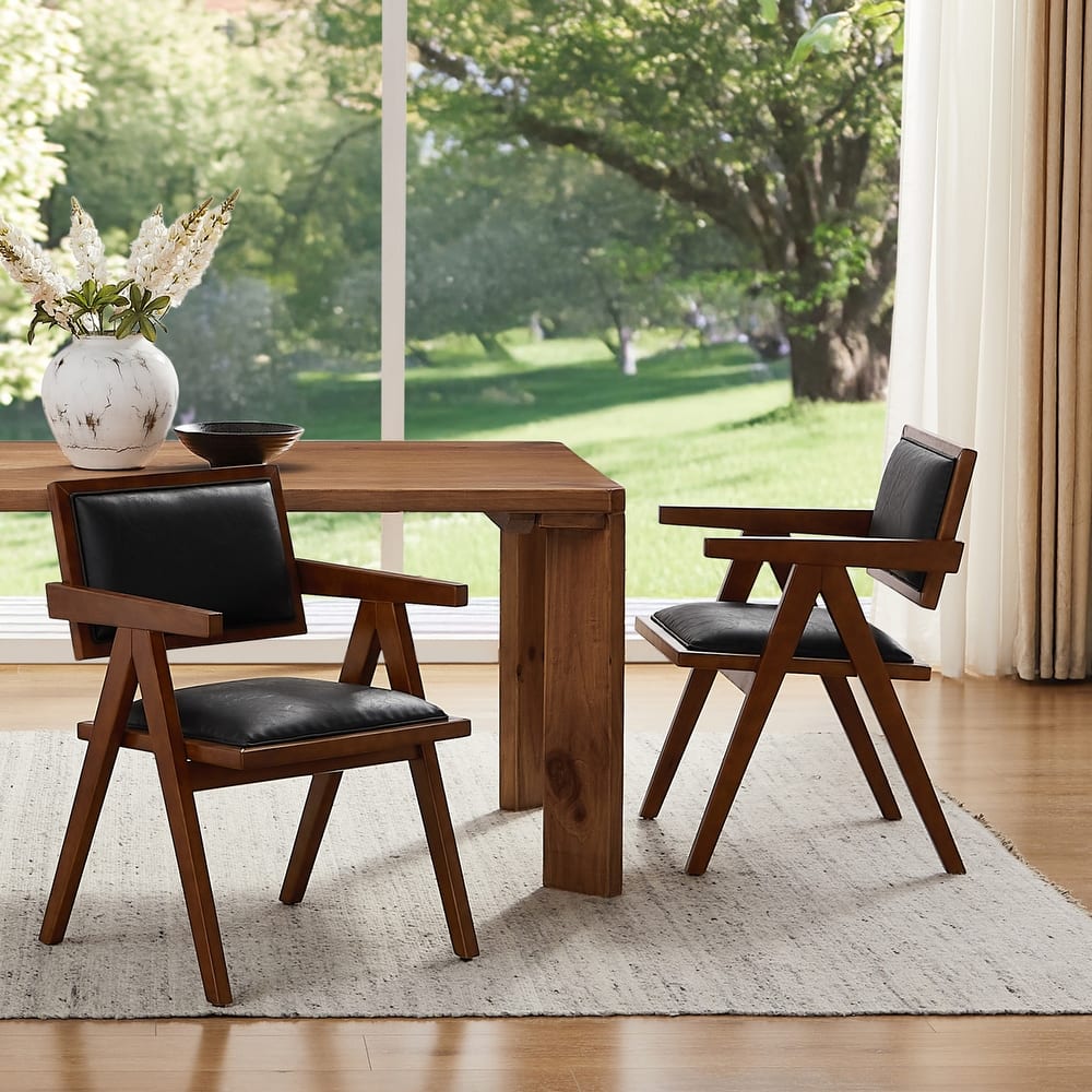 Art Leon Set of 2 Wood and Upholstered Accent Dining Chair with Wooden Armrest