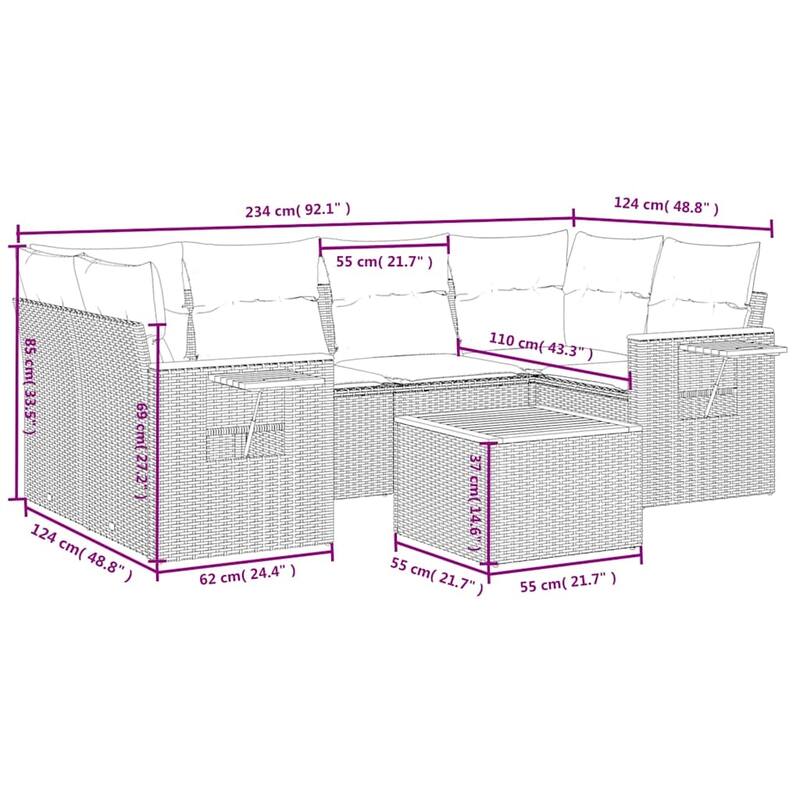 vidaXL 7 Piece Patio Sofa Set with Cushions Grey Poly Rattan (US only) - 92.1x33.5x48.8