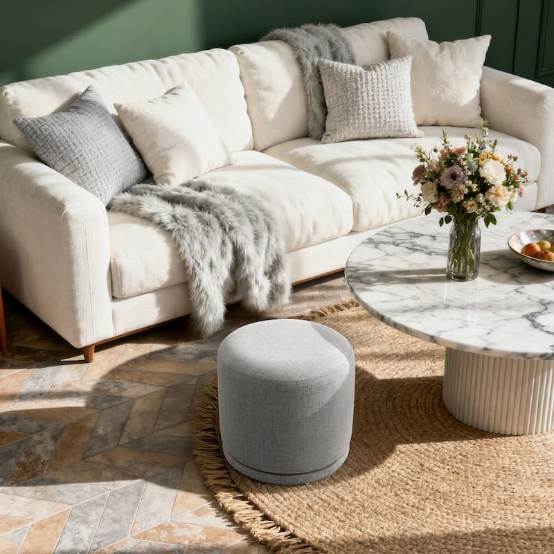 Fully Assembled Linen Round Swivel Ottoman Footstool with Acacia Hardwood Frame