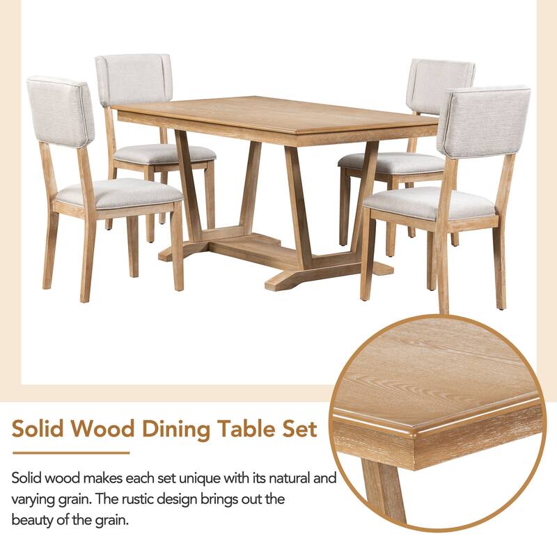 Country Style 5 Piece Dining Set with 4 Upholstered Chairs and Rectangular Dining Table with Stand Base, Dining Room Furniture